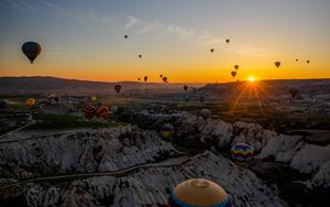 Preview wallpaper air balloons, mountains, sunrise, aerial view, landscape