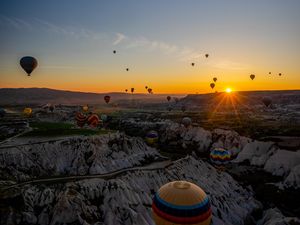 Preview wallpaper air balloons, mountains, sunrise, aerial view, landscape