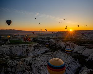 Preview wallpaper air balloons, mountains, sunrise, aerial view, landscape