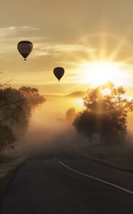 Preview wallpaper air balloons, road, fog, sunlight, sunset