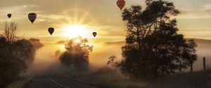 Preview wallpaper air balloons, road, fog, sunlight, sunset