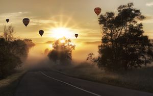 Preview wallpaper air balloons, road, fog, sunlight, sunset