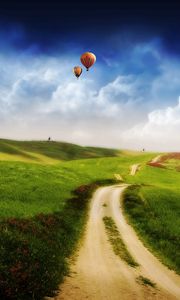 Preview wallpaper air balloons, road, track, country, height, flight, greens, meadows