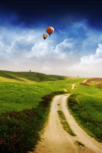 Preview wallpaper air balloons, road, track, country, height, flight, greens, meadows