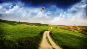 Preview wallpaper air balloons, road, track, country, height, flight, greens, meadows