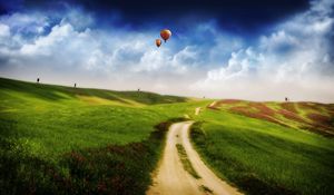 Preview wallpaper air balloons, road, track, country, height, flight, greens, meadows