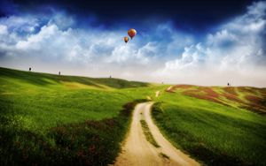 Preview wallpaper air balloons, road, track, country, height, flight, greens, meadows