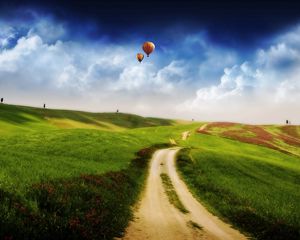 Preview wallpaper air balloons, road, track, country, height, flight, greens, meadows