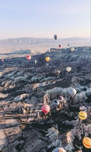 Preview wallpaper air balloons, rocks, flight, view from above, cappadocia, goreme