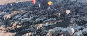 Preview wallpaper air balloons, rocks, flight, view from above, cappadocia, goreme