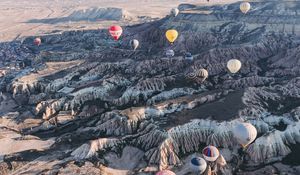 Preview wallpaper air balloons, rocks, flight, view from above, cappadocia, goreme