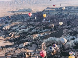 Preview wallpaper air balloons, rocks, flight, view from above, cappadocia, goreme