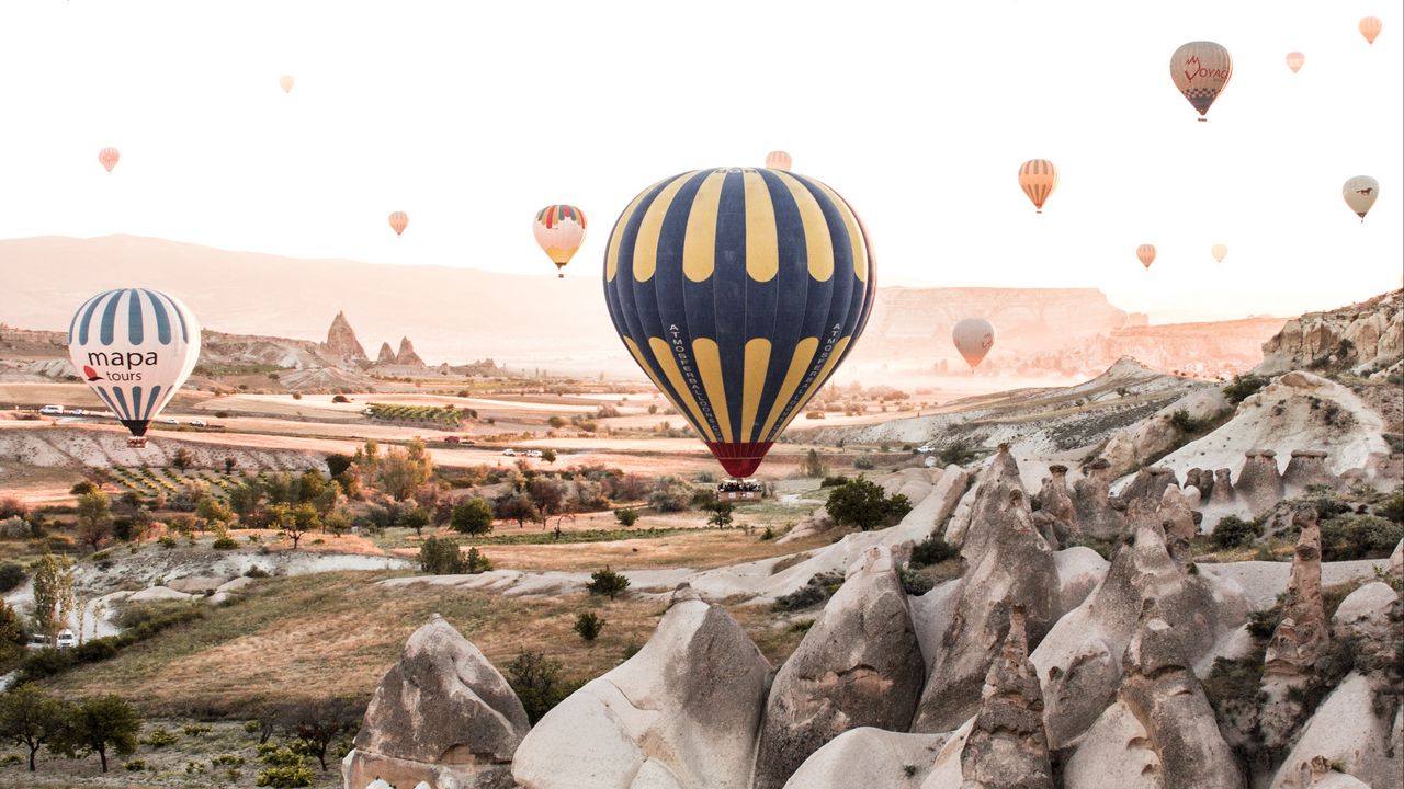 Wallpaper air balloons, rocks, mountains, aerial view, nature