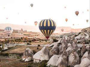 Preview wallpaper air balloons, rocks, mountains, aerial view, nature