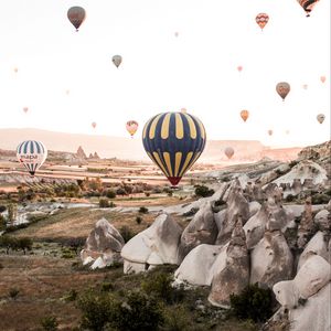 Preview wallpaper air balloons, rocks, mountains, aerial view, nature