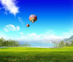 Preview wallpaper air balloons, serenity, city, forest, reflection