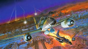 Preview wallpaper aircraft, fire, flight, city, night, colorful