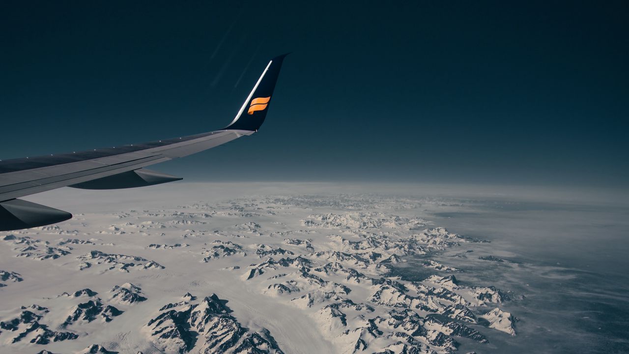Wallpaper aircraft wing, flight, aerial view, mountains, snow