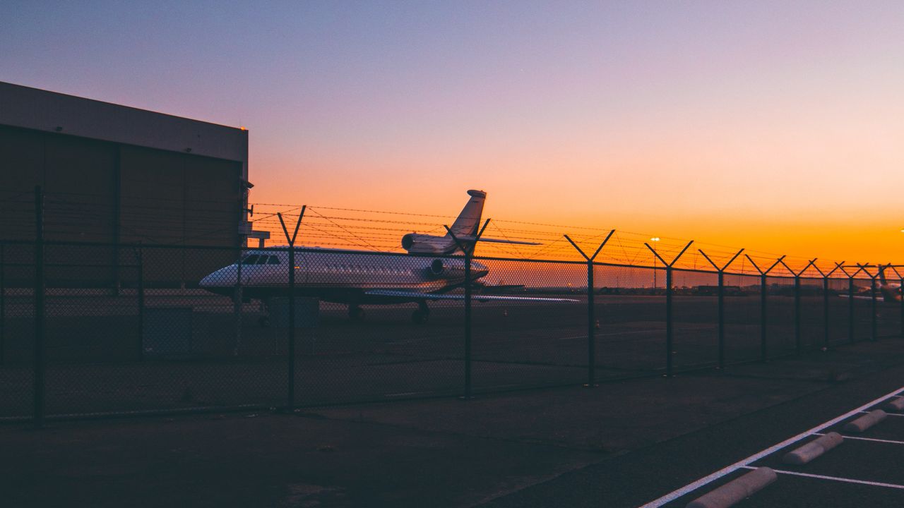 Wallpaper airplane, airport, runway, sunset