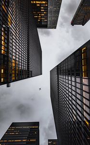 Preview wallpaper airplane, buildings, skyscrapers, bottom view