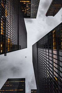 Preview wallpaper airplane, buildings, skyscrapers, bottom view