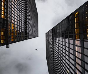 Preview wallpaper airplane, buildings, skyscrapers, bottom view