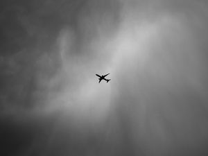 Preview wallpaper airplane, bw, minimalism, flight, sky