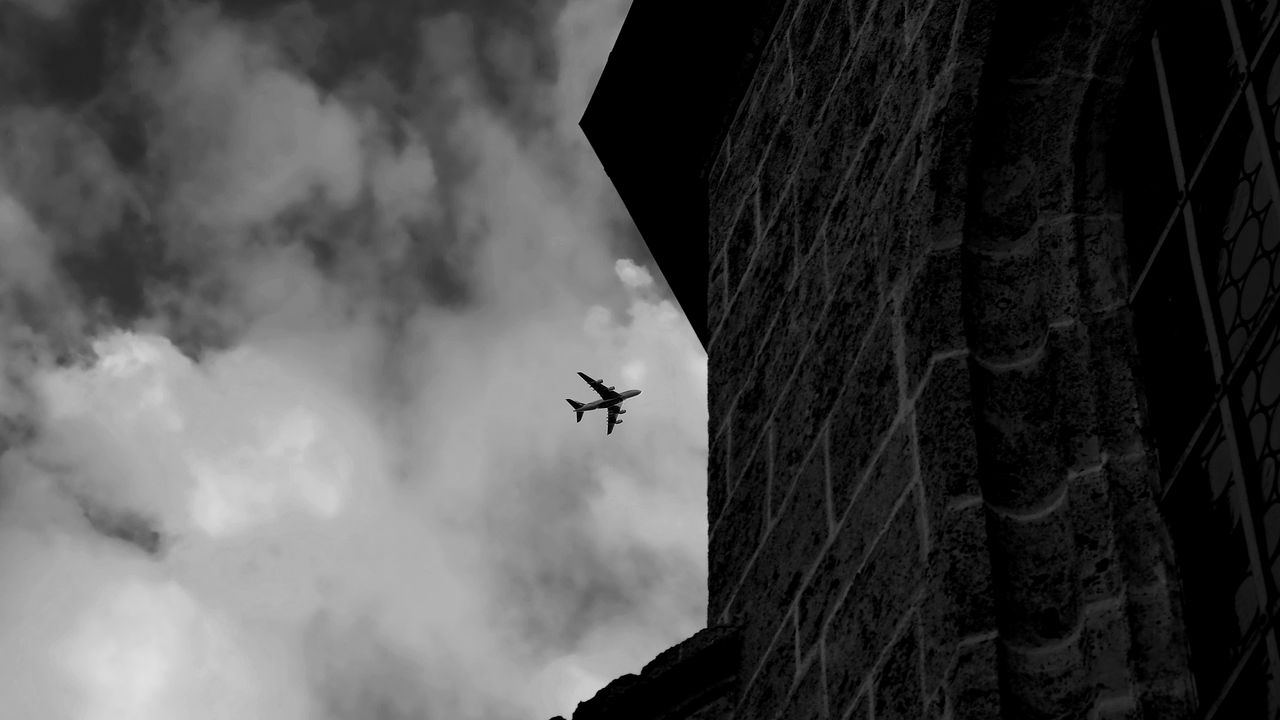 Wallpaper airplane, clouds, flight, building, black and white
