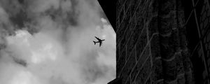 Preview wallpaper airplane, clouds, flight, building, black and white