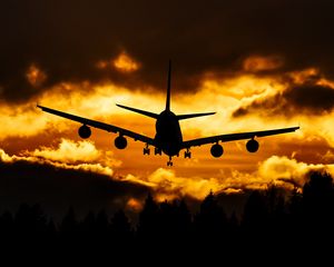 Preview wallpaper airplane, clouds, sky, sunset