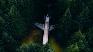 Preview wallpaper airplane, forest, aerial view, trees, spruce