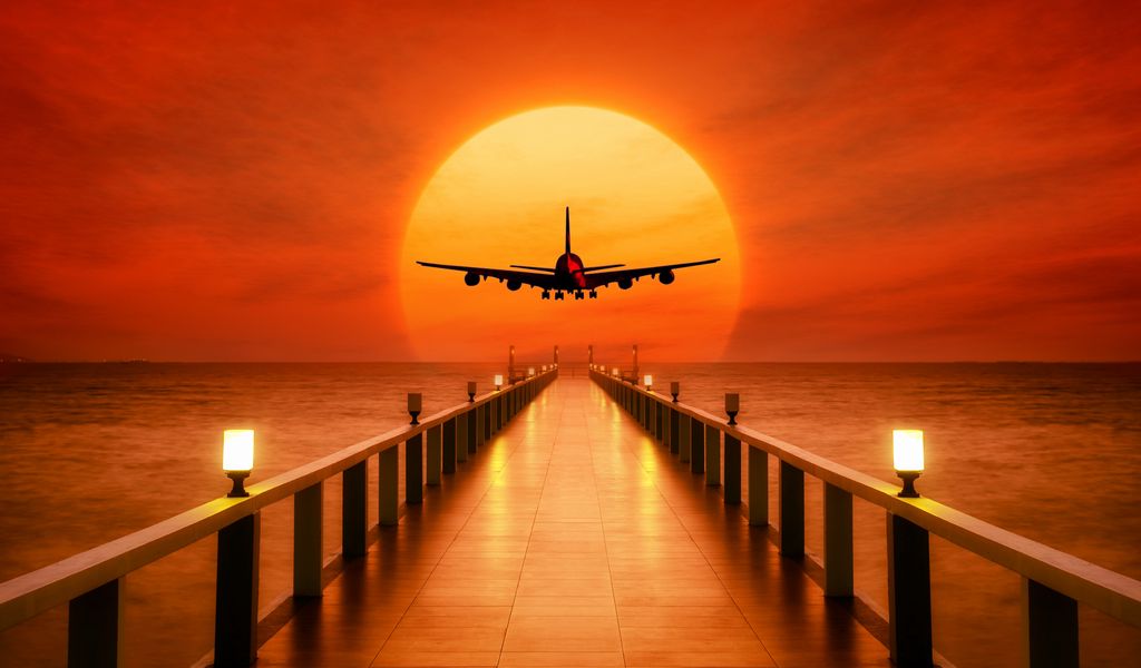 1024x600 Wallpaper airplane, photoshop, sunset, wharf