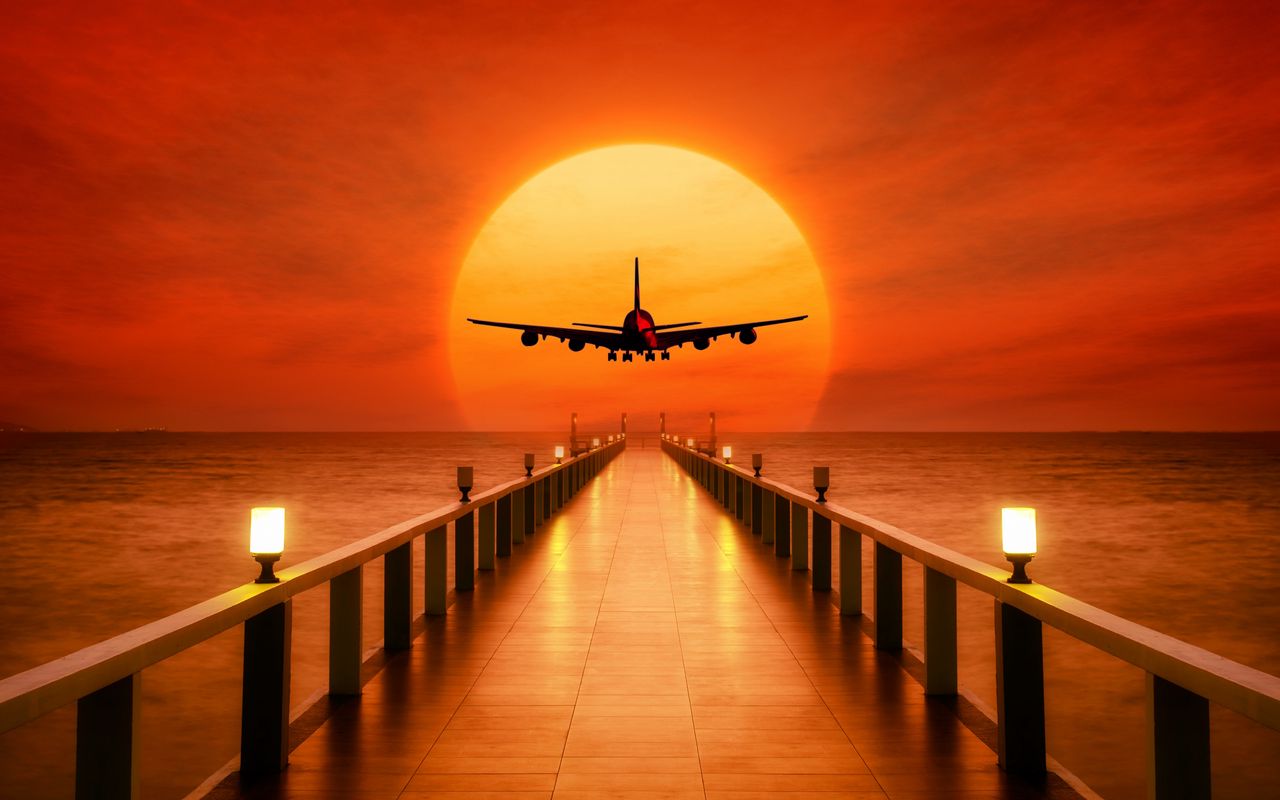 1280x800 Wallpaper airplane, photoshop, sunset, wharf