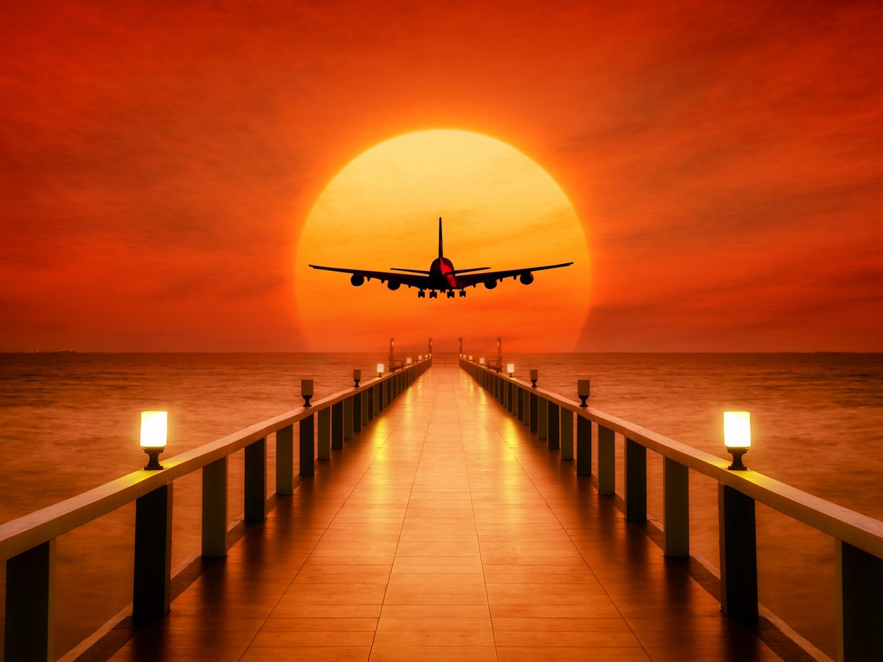 1280x960 Wallpaper airplane, photoshop, sunset, wharf