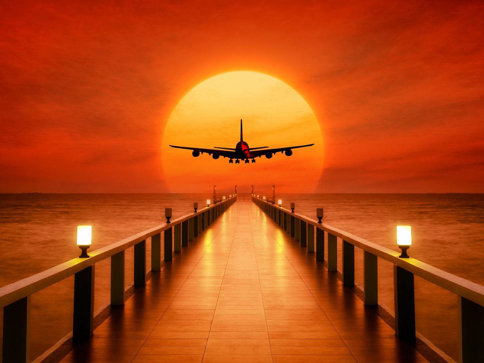 1600x1200 Wallpaper airplane, photoshop, sunset, wharf