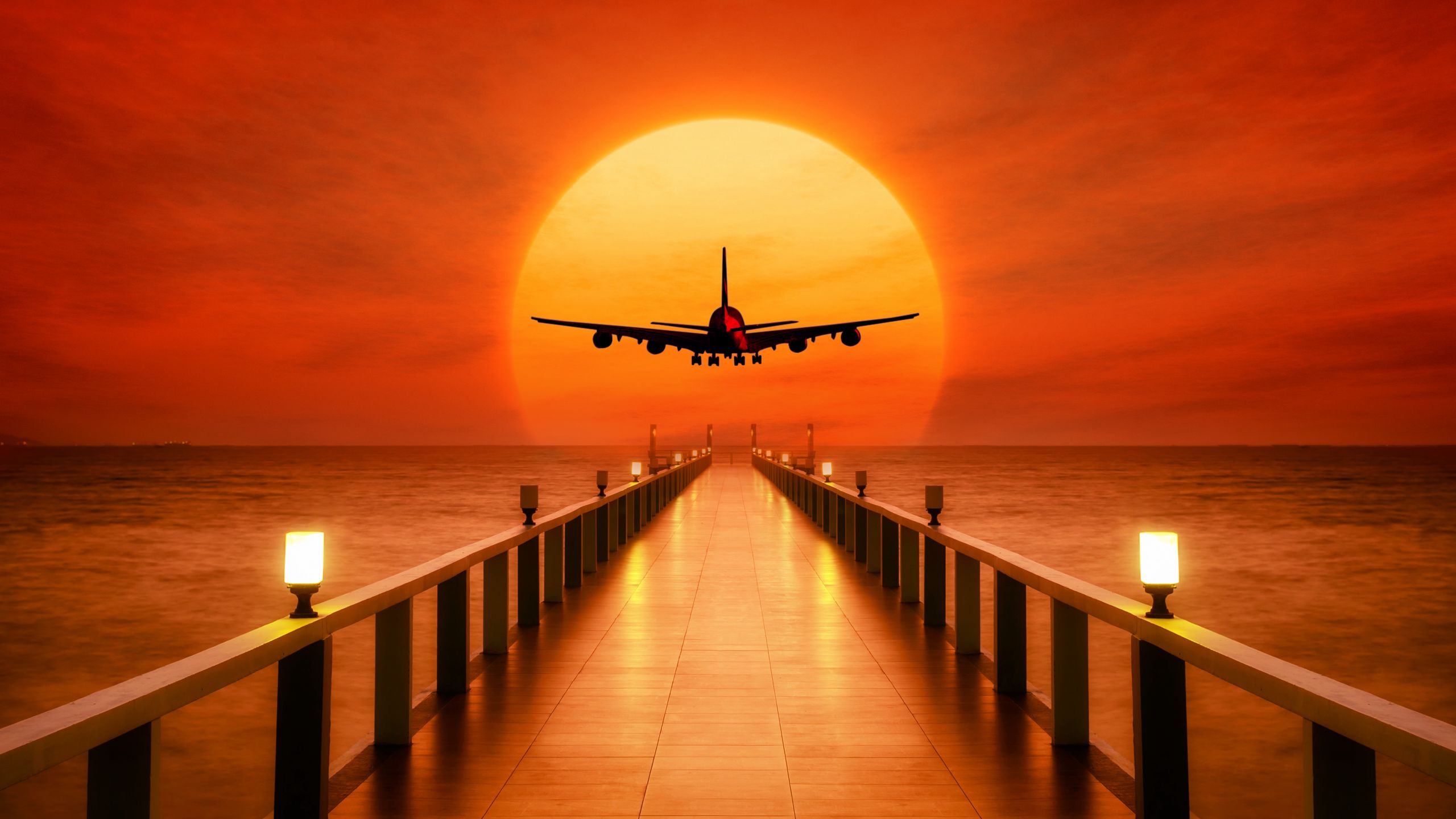 2560x1440 Wallpaper airplane, photoshop, sunset, wharf