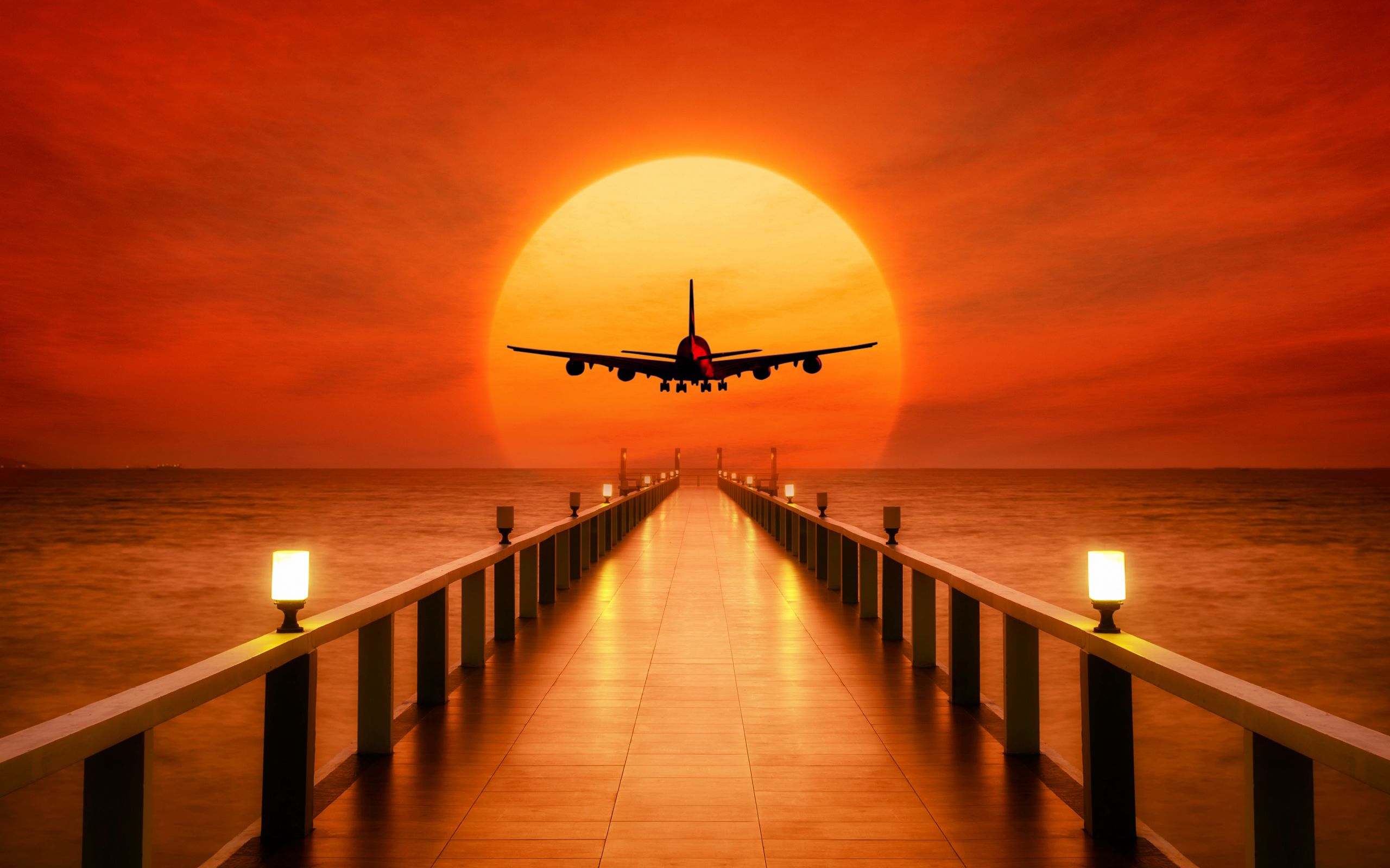 2560x1600 Wallpaper airplane, photoshop, sunset, wharf