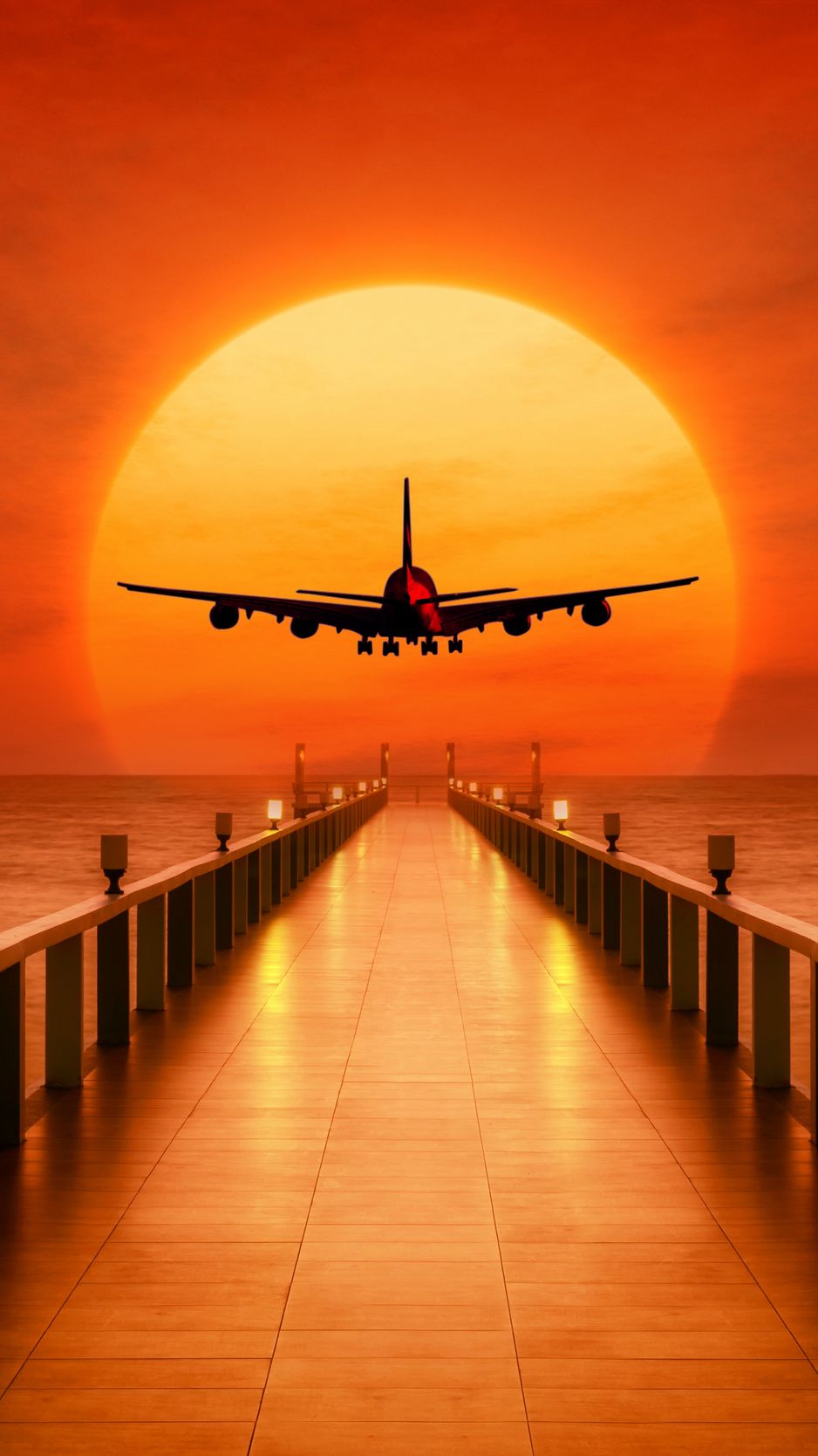 938x1668 Wallpaper airplane, photoshop, sunset, wharf
