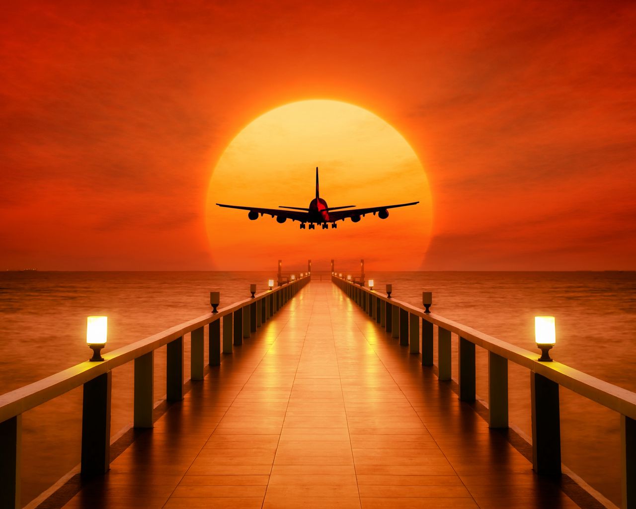 1280x1024 Wallpaper airplane, photoshop, sunset, wharf