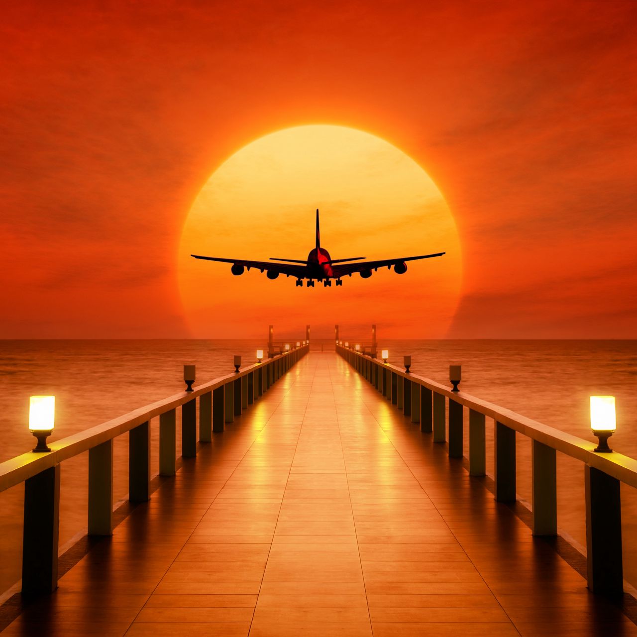 1280x1280 Wallpaper airplane, photoshop, sunset, wharf