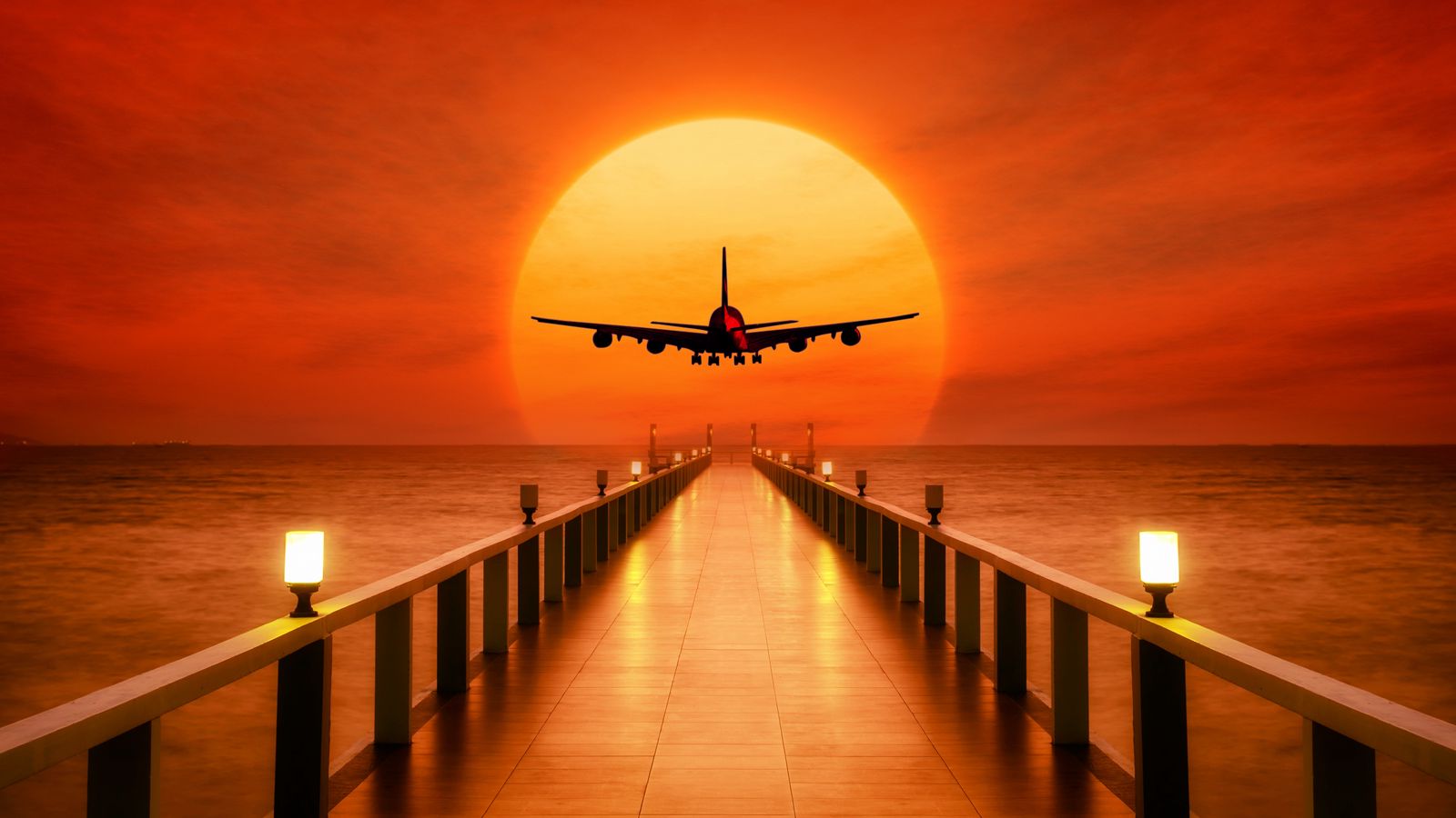 1600x900 Wallpaper airplane, photoshop, sunset, wharf