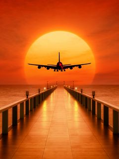 240x320 Wallpaper airplane, photoshop, sunset, wharf