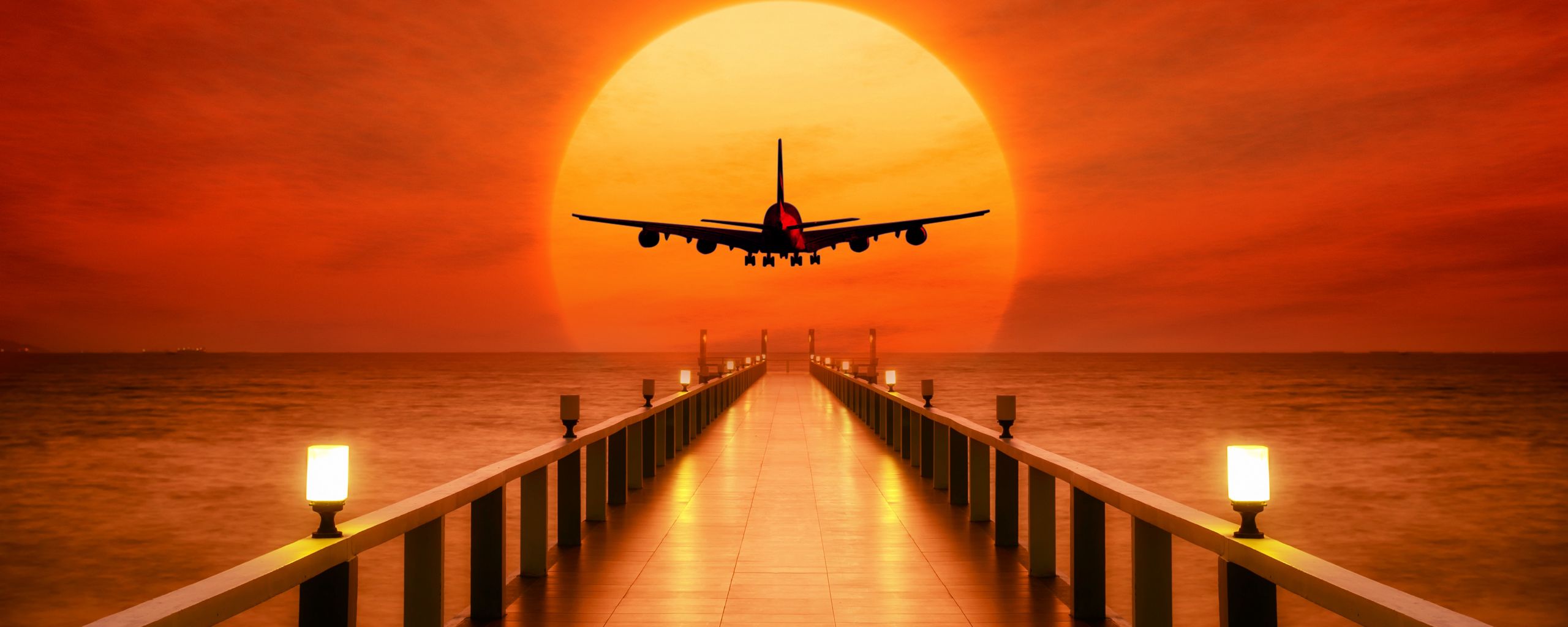 2560x1024 Wallpaper airplane, photoshop, sunset, wharf