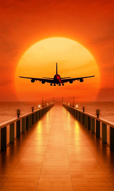 480x800 Wallpaper airplane, photoshop, sunset, wharf