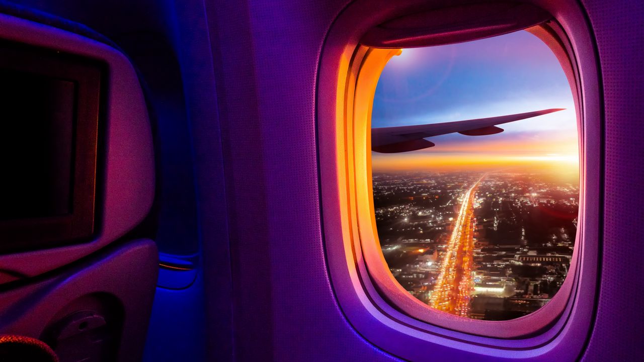 Wallpaper airplane, porthole, window, overview, city