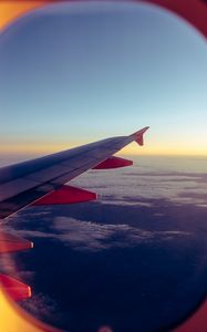 Preview wallpaper airplane, porthole, wing, clouds, overview