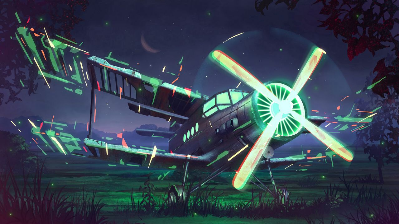 Wallpaper airplane, propeller, art, glow, night