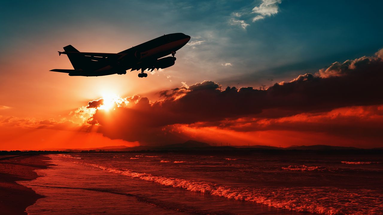 Wallpaper airplane, sea, sunset, takeoff, silhouette, sky