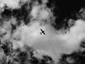 Preview wallpaper airplane, sky, clouds, bw