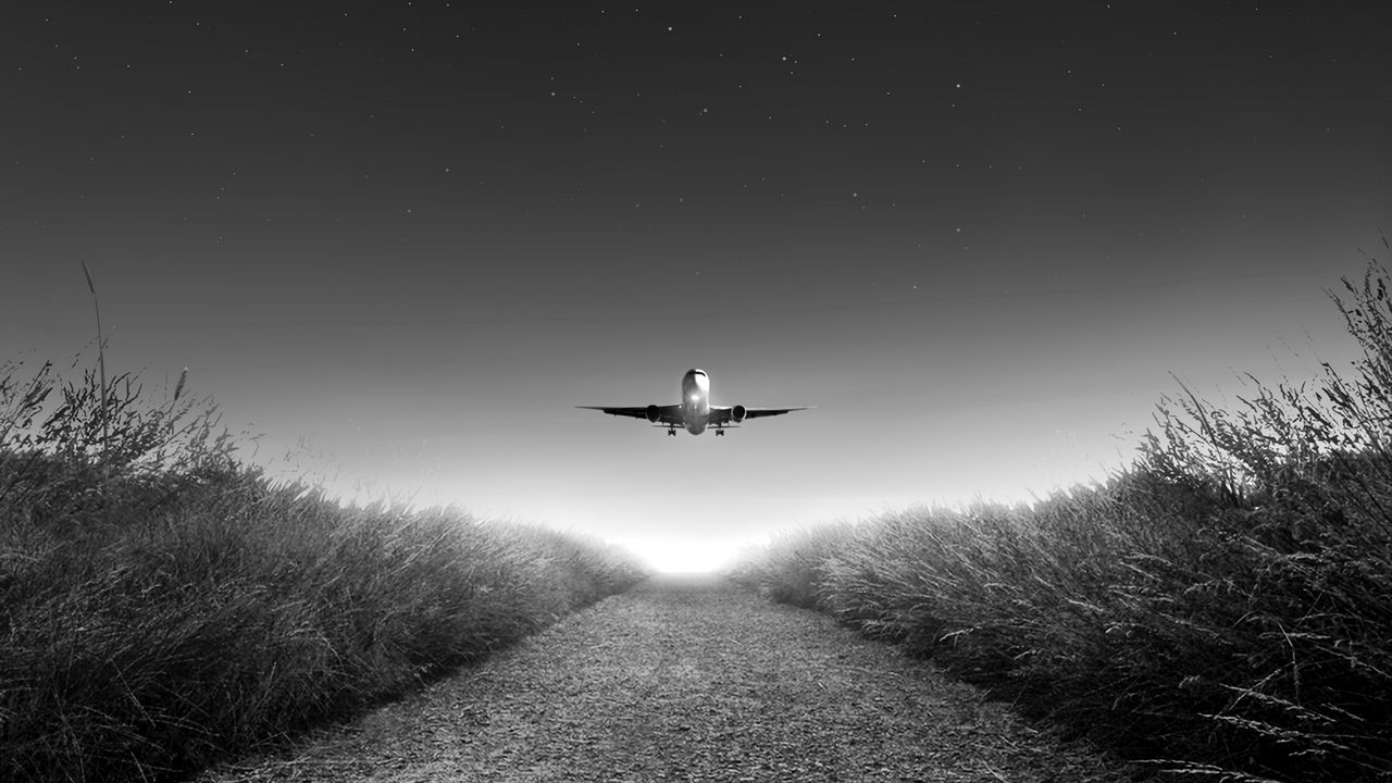 Wallpaper airplane, takeoff, bw, starry sky, photoshop